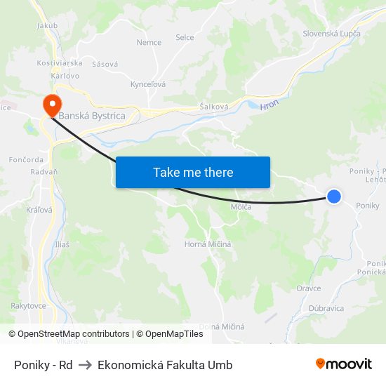 Poniky - Rd to Ekonomická Fakulta Umb map