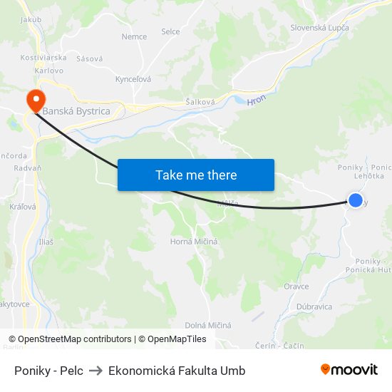 Poniky - Pelc to Ekonomická Fakulta Umb map