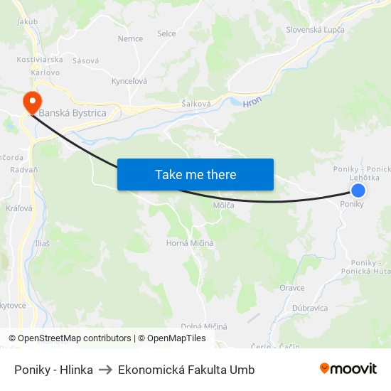 Poniky - Hlinka to Ekonomická Fakulta Umb map