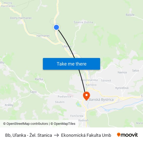 Bb, Uľanka - Žel. Stanica to Ekonomická Fakulta Umb map