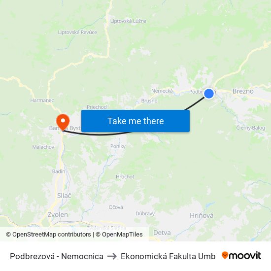 Podbrezová - Nemocnica to Ekonomická Fakulta Umb map