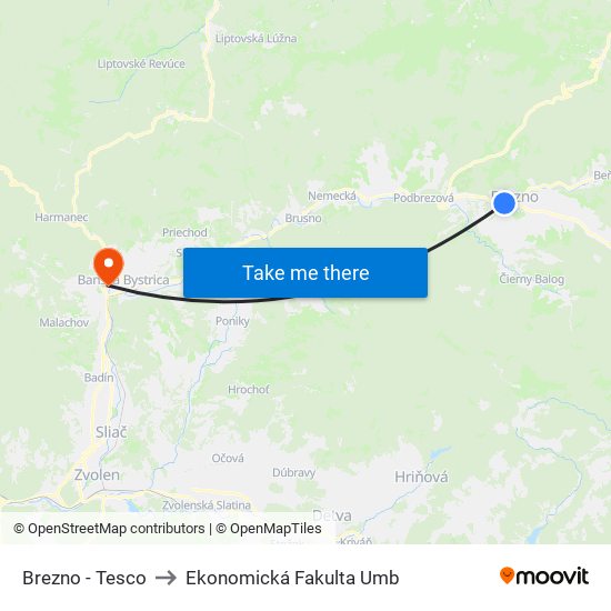 Brezno - Tesco to Ekonomická Fakulta Umb map