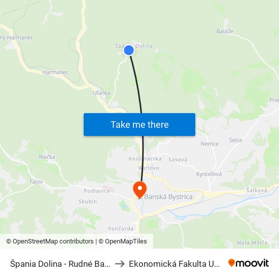 Špania Dolina - Rudné Bane to Ekonomická Fakulta Umb map