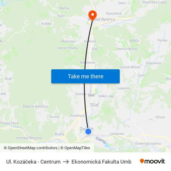 Ul. Kozáčeka - Centrum to Ekonomická Fakulta Umb map