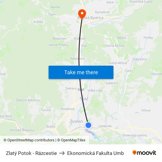 Zlatý Potok - Rázcestie to Ekonomická Fakulta Umb map