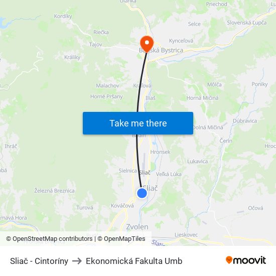 Sliač - Cintoríny to Ekonomická Fakulta Umb map