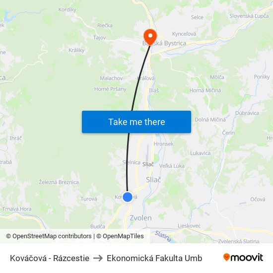 Kováčová - Rázcestie to Ekonomická Fakulta Umb map