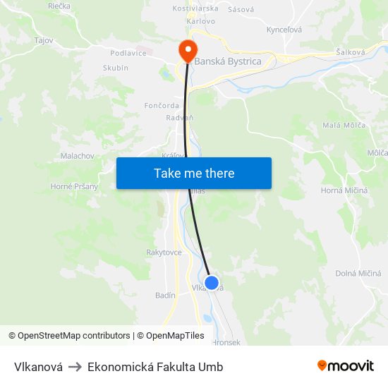 Vlkanová to Ekonomická Fakulta Umb map