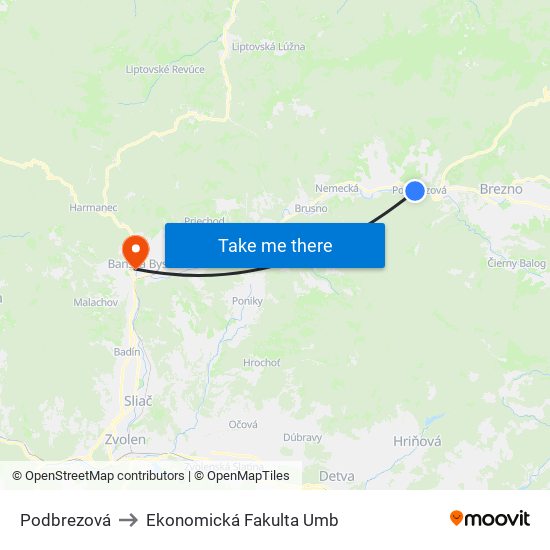 Podbrezová to Ekonomická Fakulta Umb map