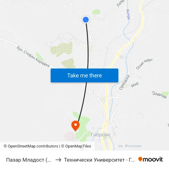Пазар Младост (Ул. Лазурна) to Технически Университет - Габрово - 6 Корпус map