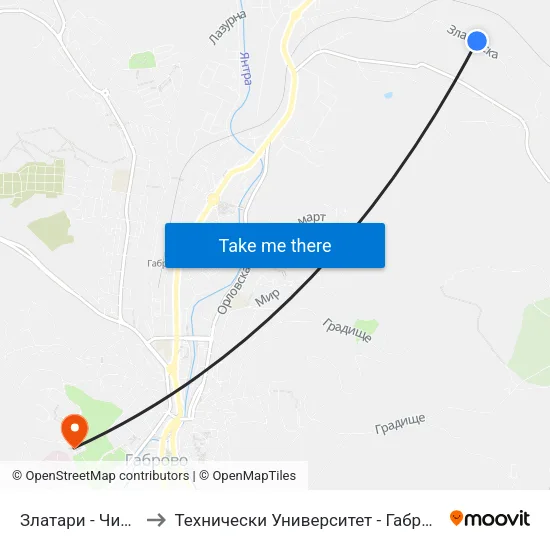 Златари - Читалище to Технически Университет - Габрово - 6 Корпус map