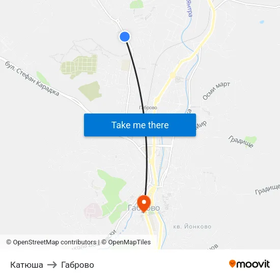 Катюша to Габрово map