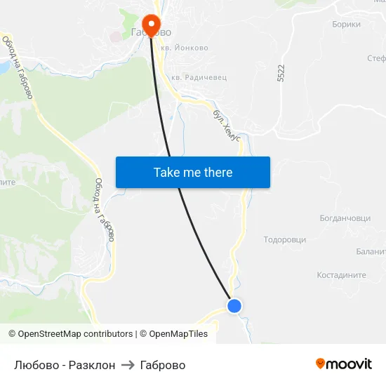 Любово - Разклон to Габрово map