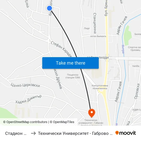 Стадион Априлов to Технически Университет - Габрово - Ректорат (Корпус 3) map