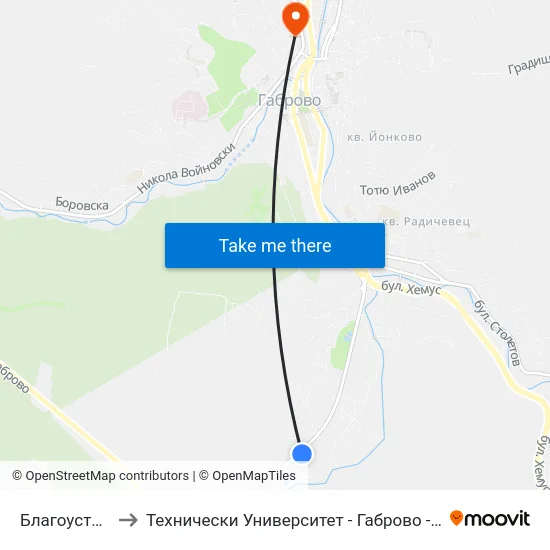 Благоустрояване to Технически Университет - Габрово - Ректорат (Корпус 3) map