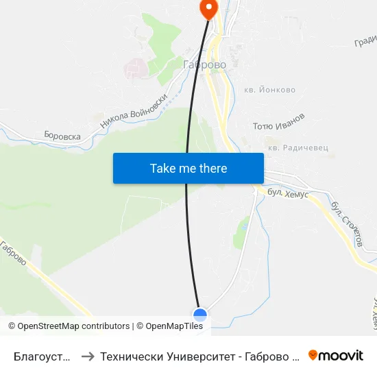 Благоустрояване to Технически Университет - Габрово - Ректорат (Корпус 3) map