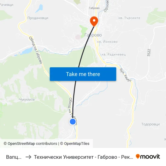 Вапцаров to Технически Университет - Габрово - Ректорат (Корпус 3) map