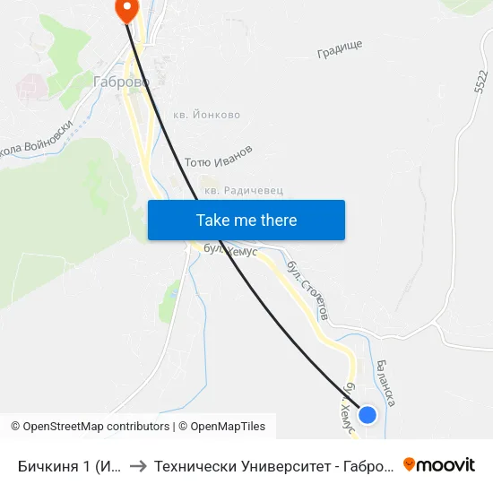 Бичкиня 1 (Инструмент) to Технически Университет - Габрово - Ректорат (Корпус 3) map