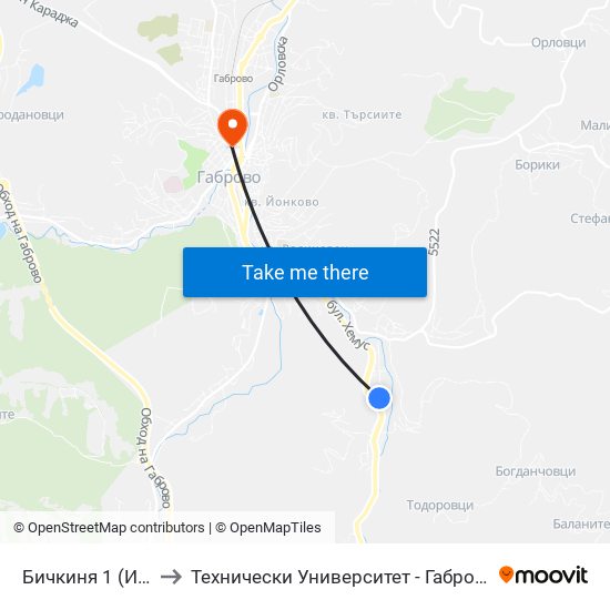 Бичкиня 1 (Инструмент) to Технически Университет - Габрово - Ректорат (Корпус 3) map