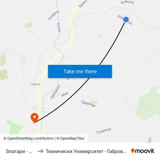 Златари - Читалище to Технически Университет - Габрово - Ректорат (Корпус 3) map
