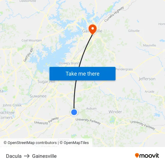 Dacula to Gainesville map