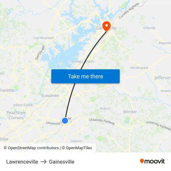 Lawrenceville to Gainesville map