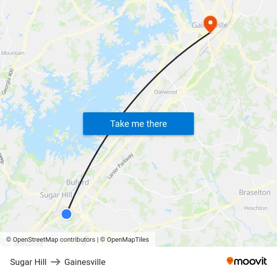 Sugar Hill to Gainesville map