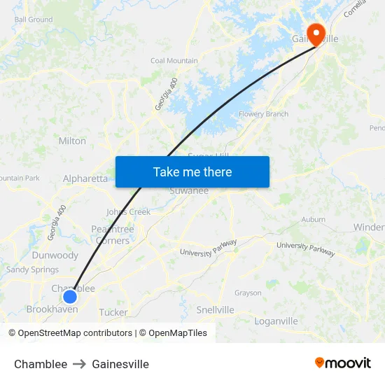 Chamblee to Gainesville map