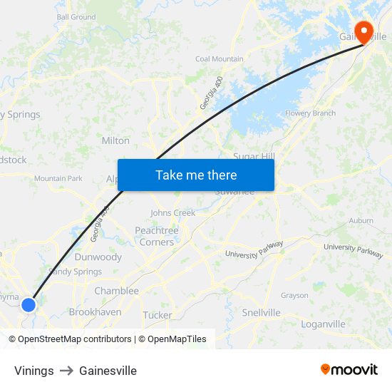 Vinings to Gainesville map