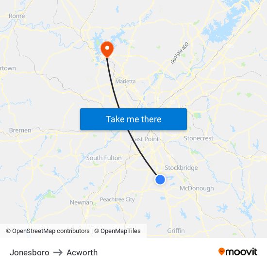 Jonesboro to Acworth map
