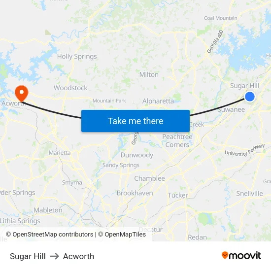Sugar Hill to Acworth map