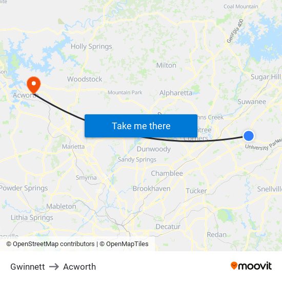 Gwinnett to Acworth map