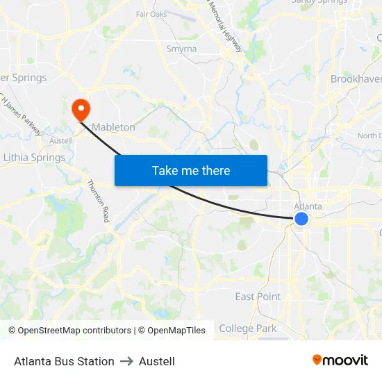 Atlanta Bus Station to Austell map