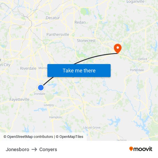 Jonesboro to Conyers map