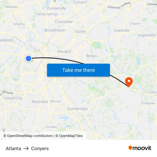 Atlanta to Conyers map