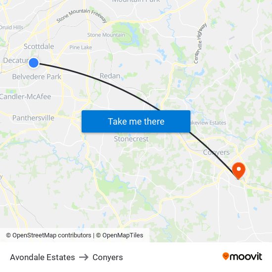 Avondale Estates to Conyers map
