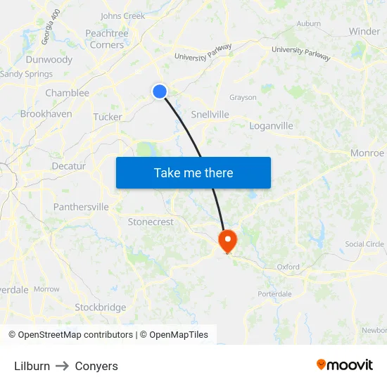 Lilburn to Conyers map