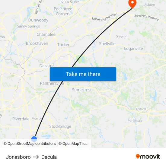 Jonesboro to Dacula map