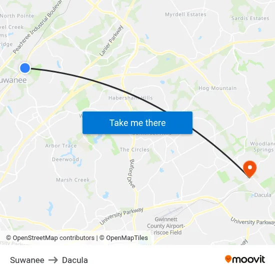 Suwanee to Dacula map