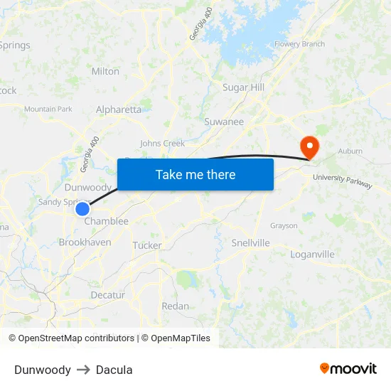 Dunwoody to Dacula map