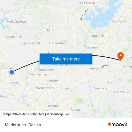Marietta to Dacula map