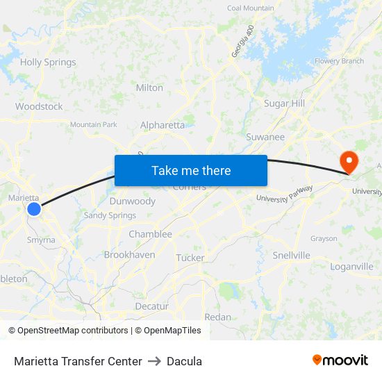 Marietta Transfer Center to Dacula map