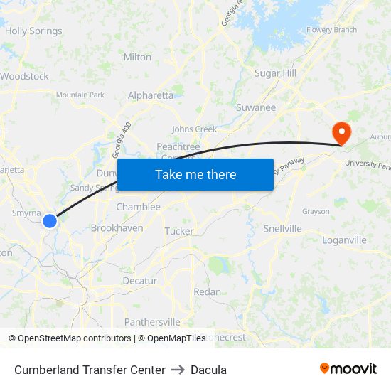 Cumberland Transfer Center to Dacula map