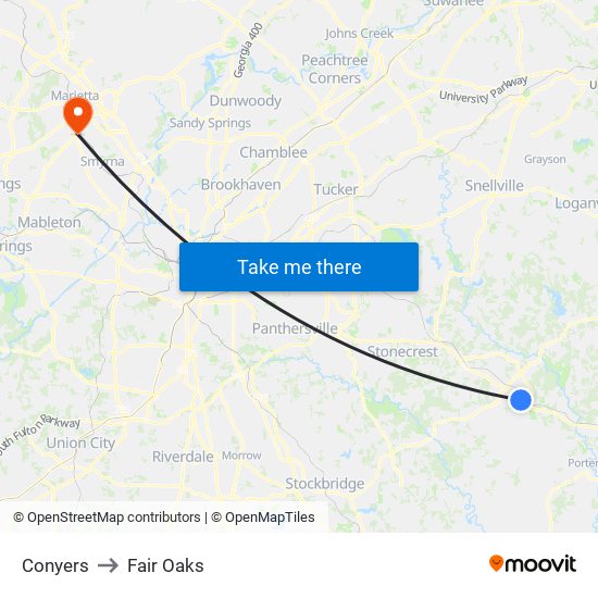 Conyers to Conyers map