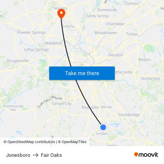 Jonesboro to Fair Oaks map
