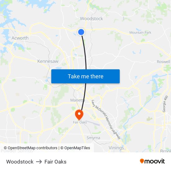 Woodstock to Fair Oaks map