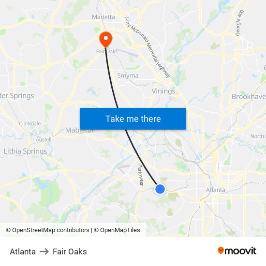 Atlanta to Fair Oaks map