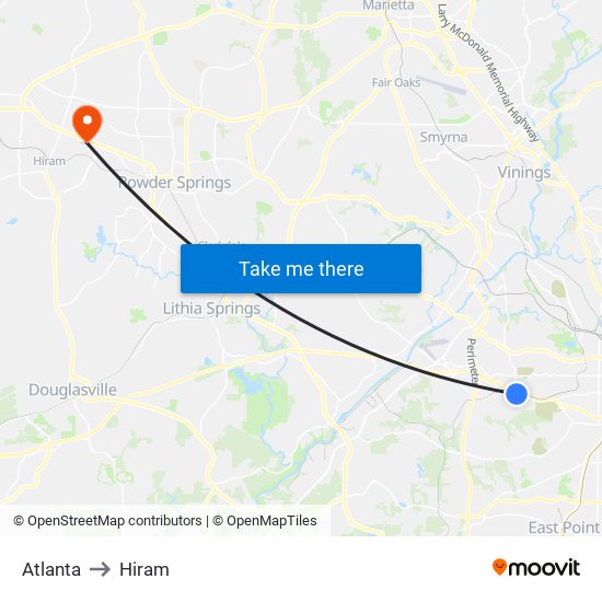 Atlanta to Hiram map