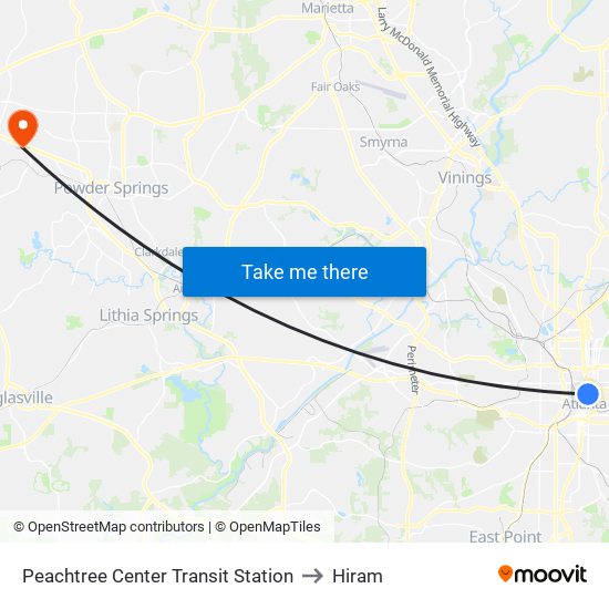 Peachtree Center Transit Station to Hiram map