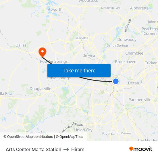 Arts Center Marta Station to Hiram map